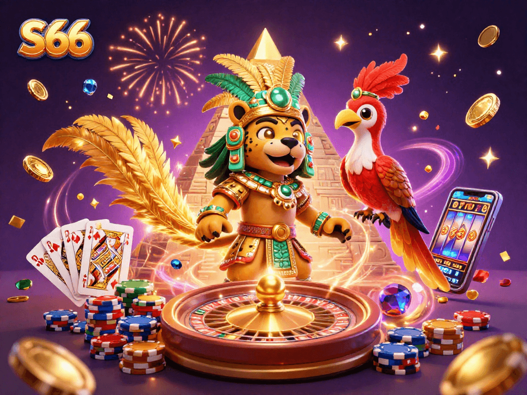 S66 spins the roulette with a Mayan priest and a quetzal bird amidst a rich casino scene