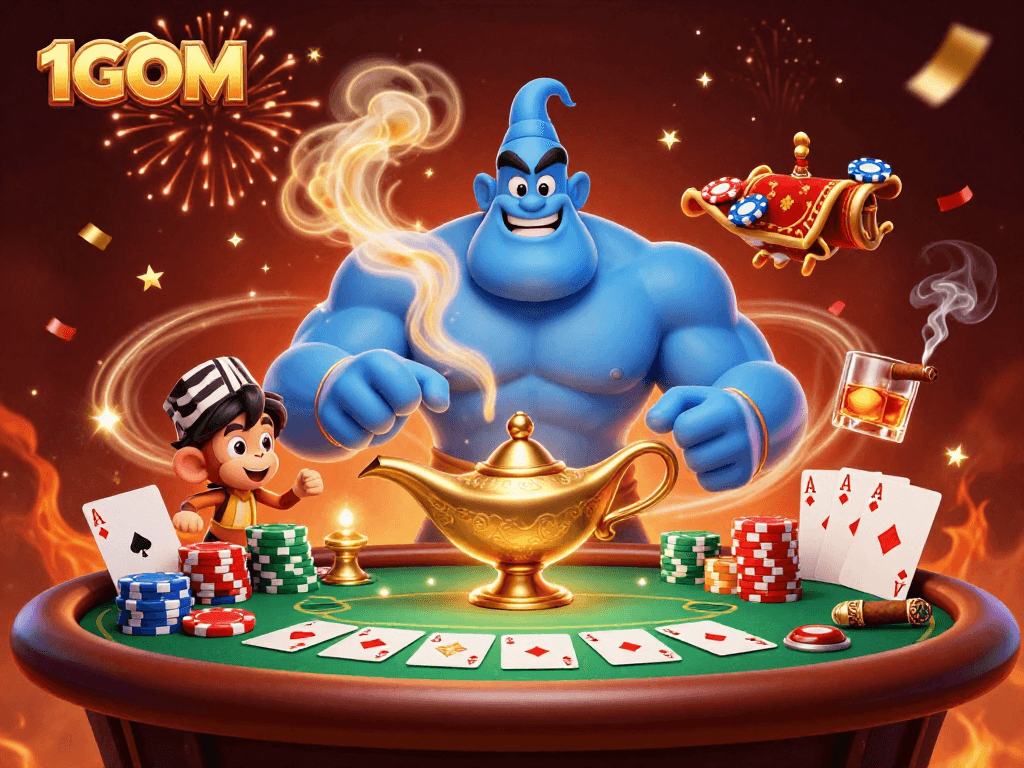 Engage in thrilling poker action at 1GOM with a dynamic scene featuring a genie, monkey, and vibrant casino elements.