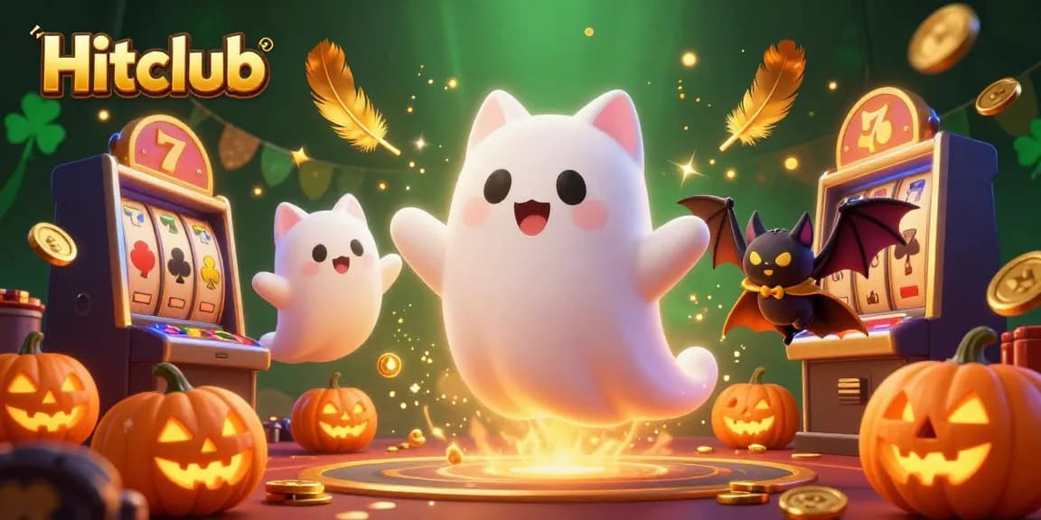 Engage in thrilling gameplay at Hitclub with a friendly ghost cat and vibrant casino elements illuminating the scene.