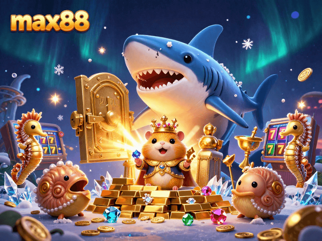 Experience max88’s thrilling slots as the golden hamster king reigns over treasures in an animated scene.