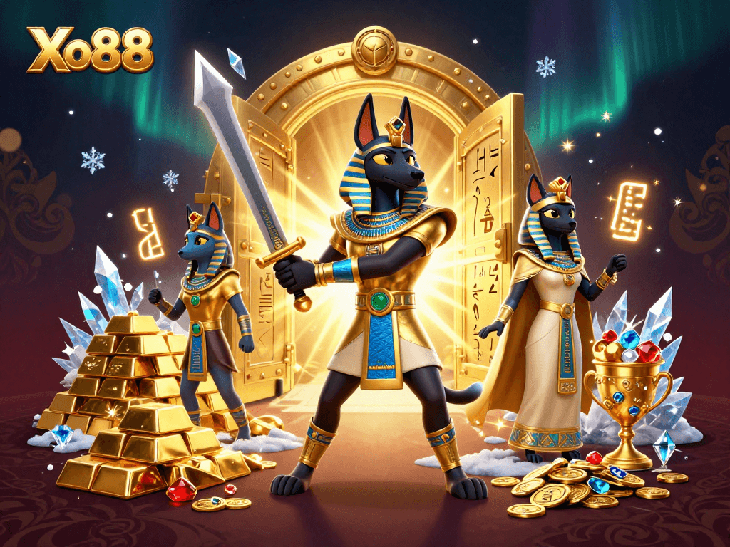 Xo88 brings fortune with treasures and fun, featuring Anubis and Bastet in dynamic casino illustration.