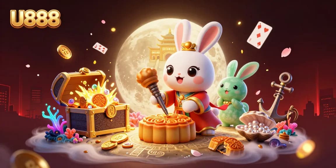 U888 showcases a vibrant lunar casino scene where the moon rabbit reveals poker chips, enriched with underwater elements.