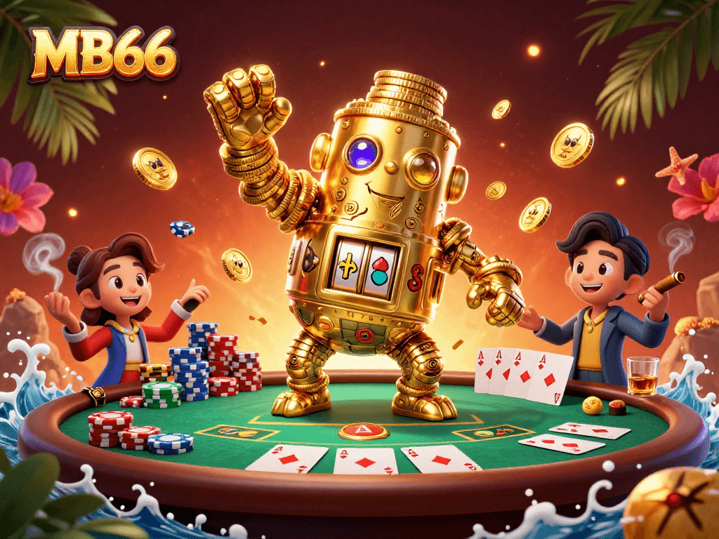 Play poker and win big with MB66, featuring a golden golem and exciting game elements.