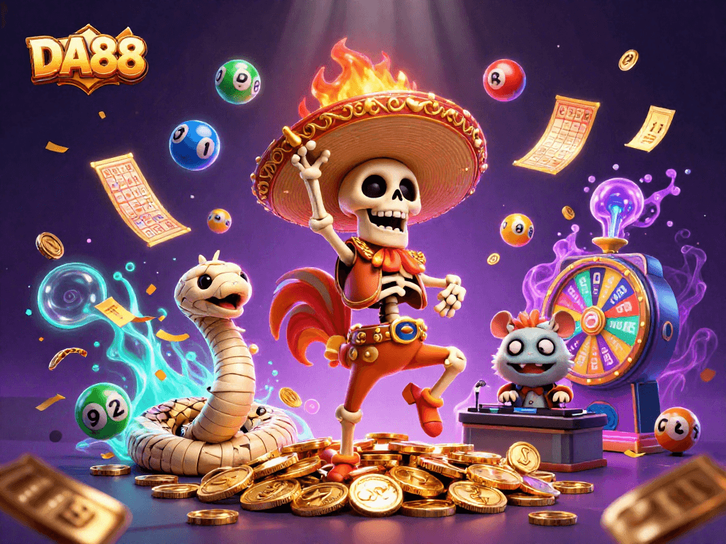 Celebrate winning at DA88 with vibrant characters, golden coins, and lottery themes!