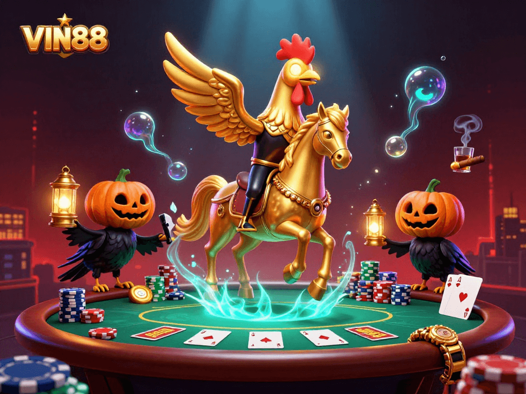 Experience the excitement of VIN88 with a golden rooster and friends in a vibrant casino scene.