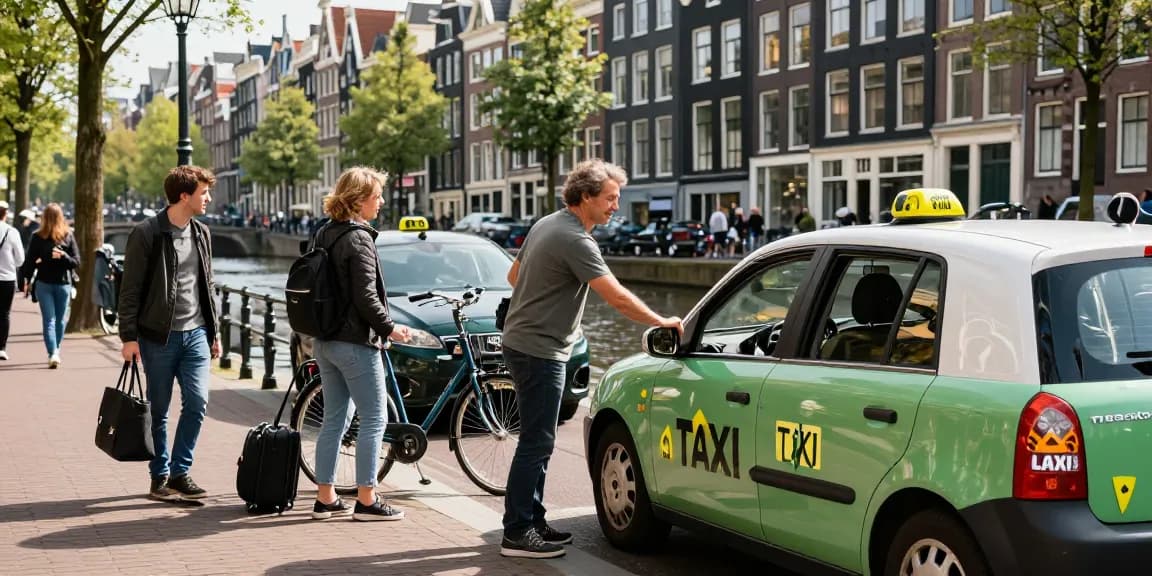 Taxi Amsterdam service op een levendige straat met passagiers en vriendelijke chauffeurs.
