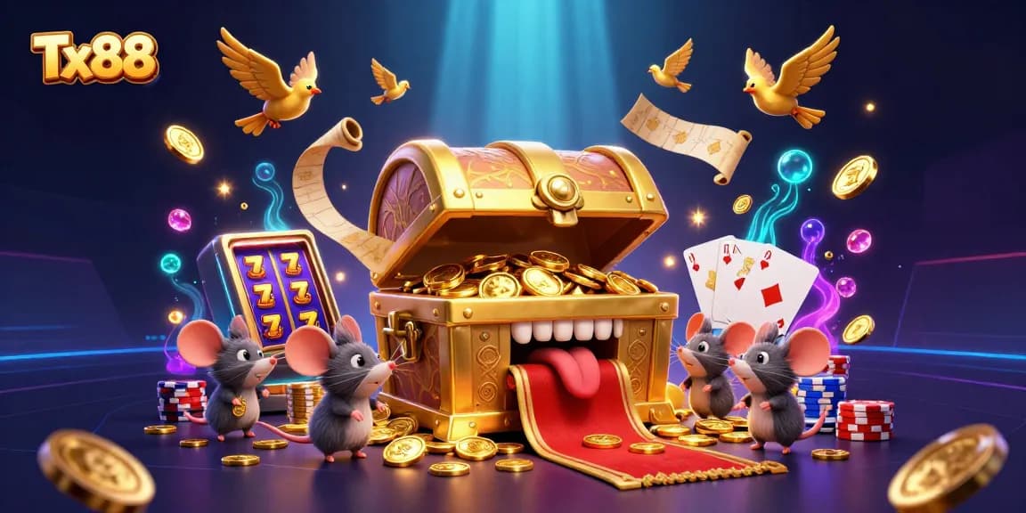 Engage with Tx88 and dive into a vibrant casino scene filled with treasures, games, and excitement.