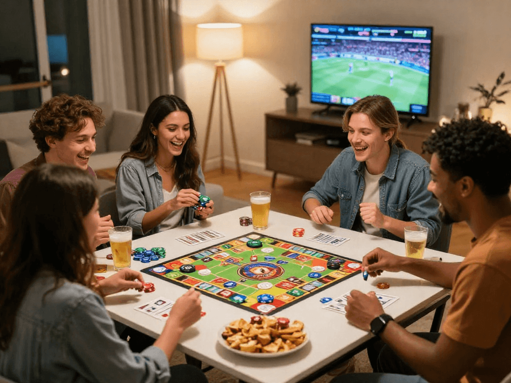 Friends enjoying game night with chips and cards related to http://oxbet-app.com.