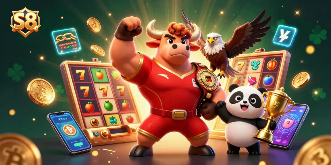 Win big with the S8 casino as the muscular bull mascot celebrates alongside iconic game graphics.