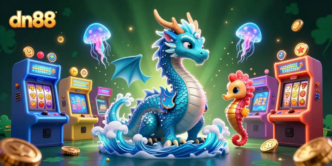 Engage with dn88's vibrant casino illustration showing an azure water dragon amidst slots and game elements.