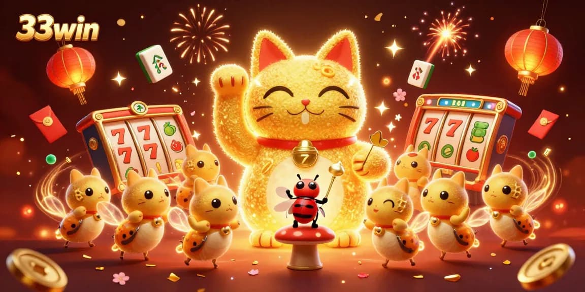 Engage in thrilling games at 33win with a giant lucky cat amidst festive casino symbols.
