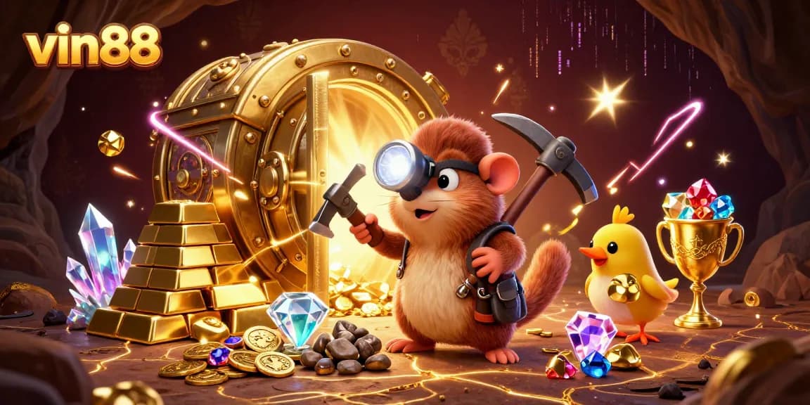Experience thrilling moments at vin88 with a treasure hunting mole and dazzling gems in a dynamic casino scene.