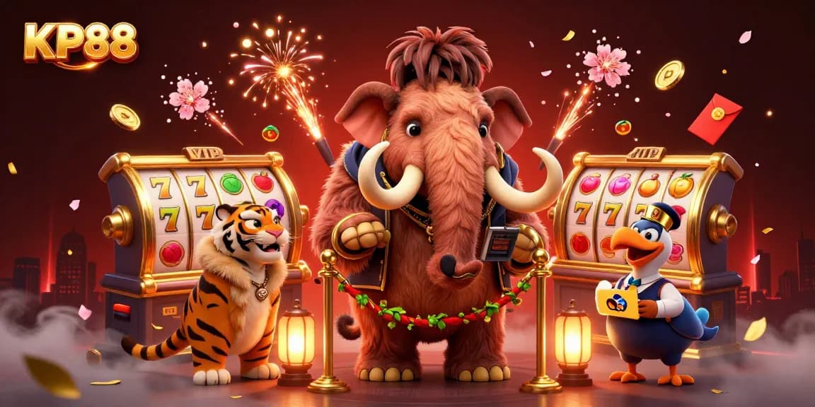 KP88 showcases a vibrant casino scene with a woolly mammoth bouncer and saber-tooth tiger VIP.