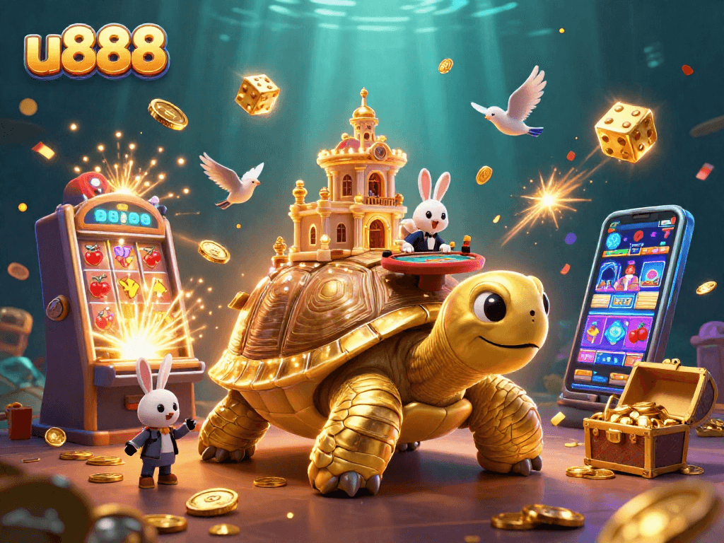 Experience the vibrant excitement of u888 with a 3D casino scene featuring a golden tortoise and slot machine.