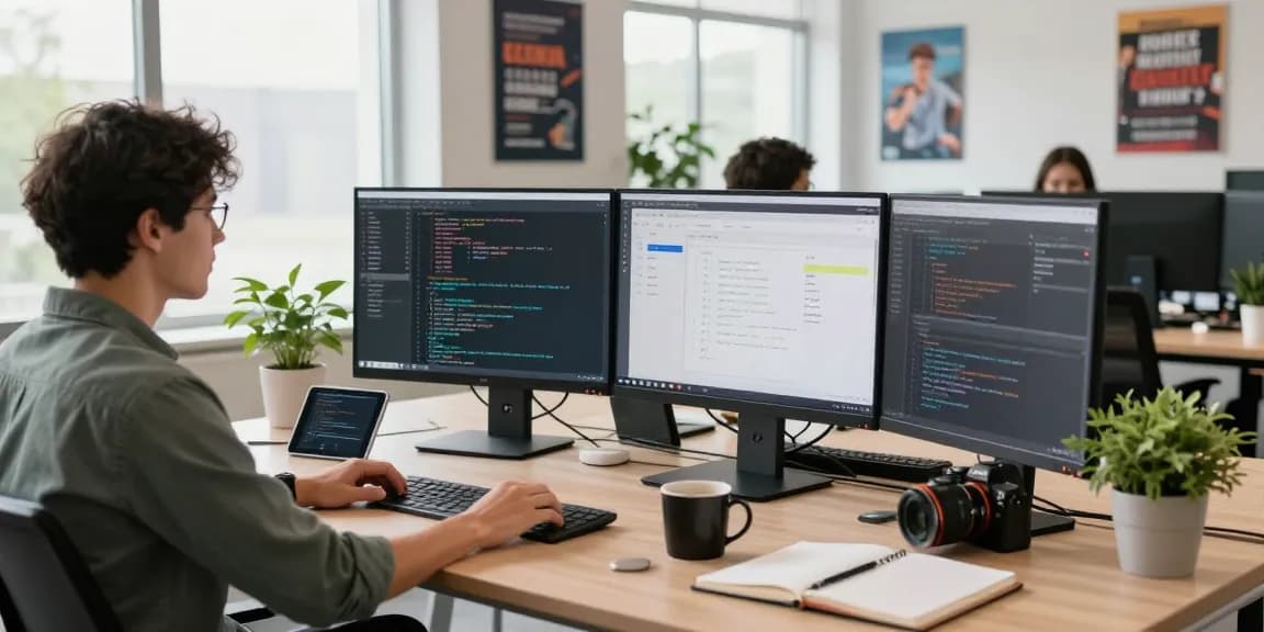 Download Telegram on a professional workspace with multiple screens showcasing coding.