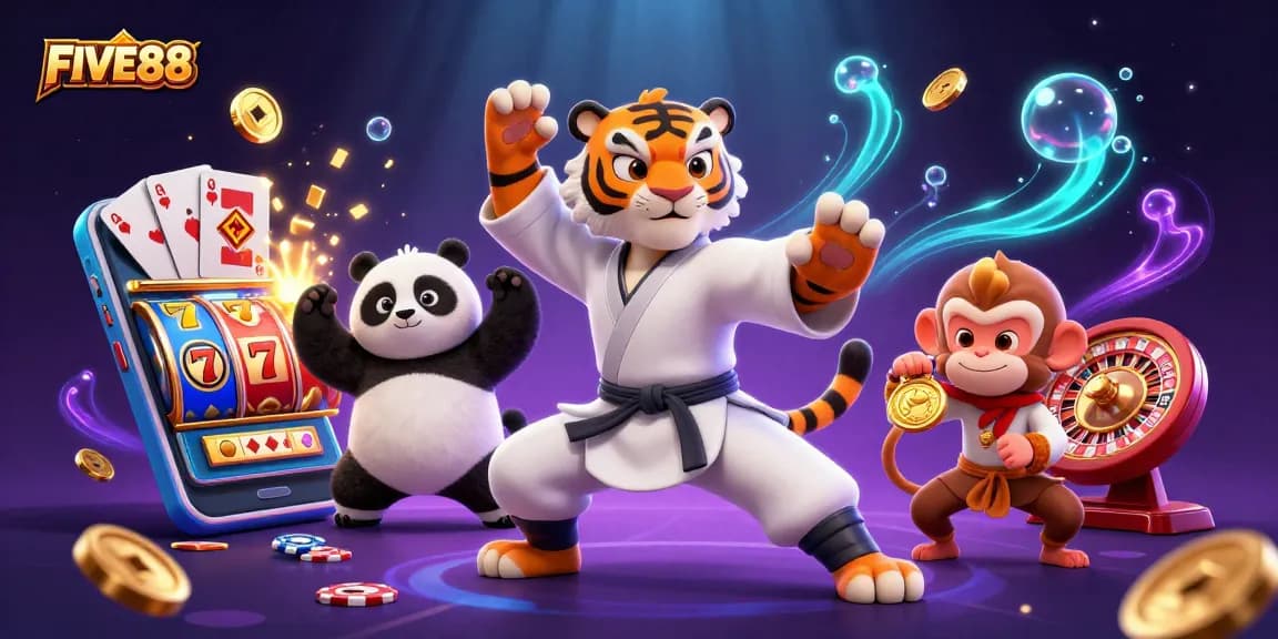 Experience the excitement of FIVE88 with a kung fu tiger master and gaming elements in this dynamic casino scene.