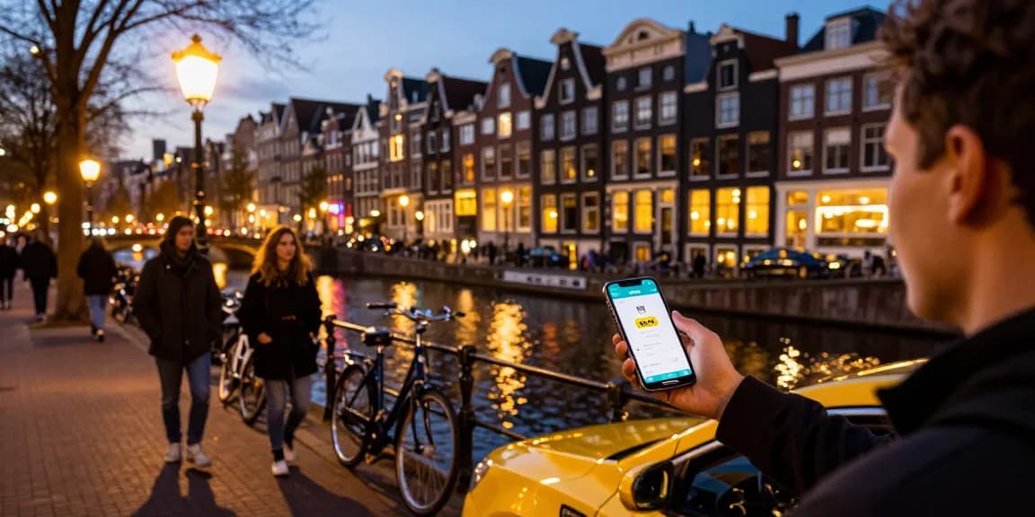 Taxi Amsterdam booking scene with vibrant city lights and iconic canals.