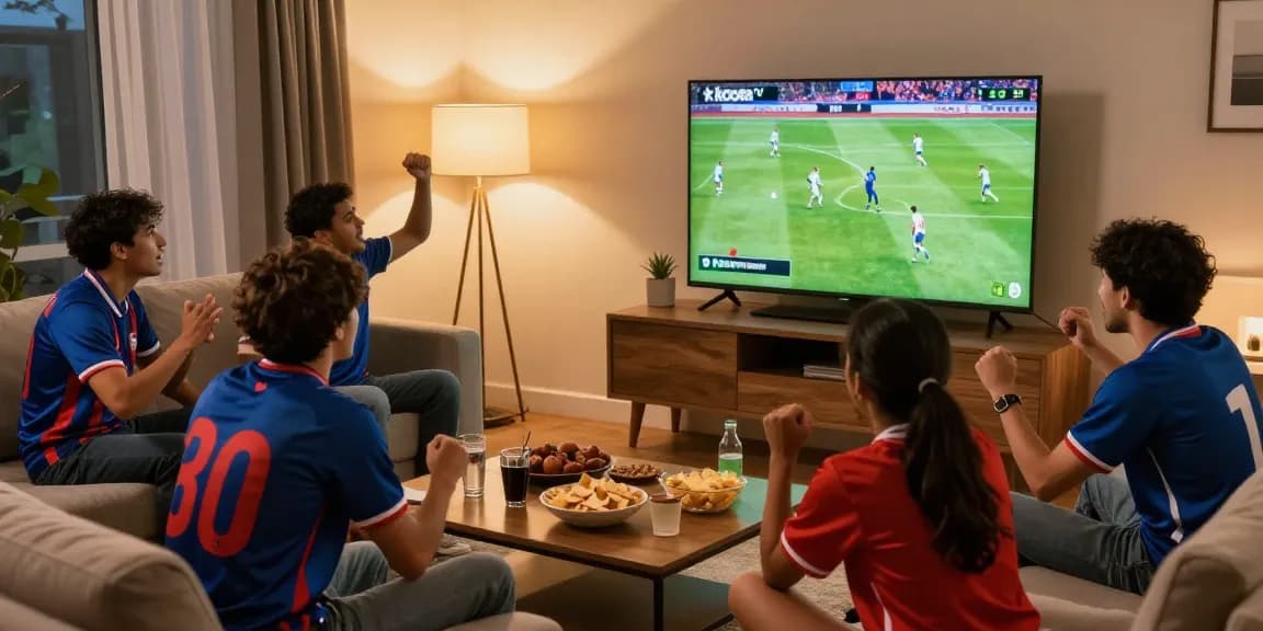 أصدقاء يحتفلون بمشاهدة المباراة مباشرة عبر koora tv في غرفة معيشة دافئة.