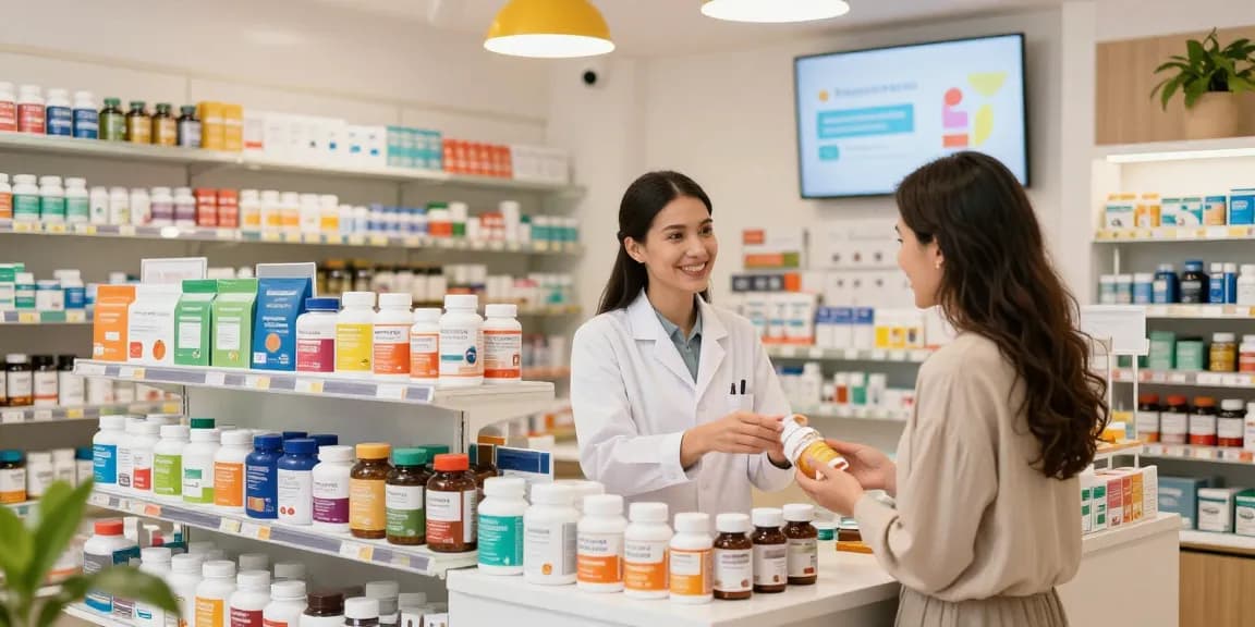 Unieke Pharma Shop met producten en vriendelijke apotheker die klanten helpt bij gezondheidskeuzes.