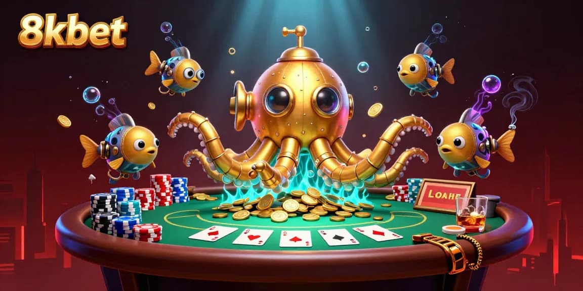 Experience thrilling bets with 8xbet while a golden kraken submarine emerges amidst poker excitement.