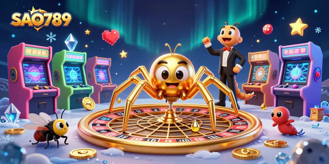 Engage with SAO789 as a fly nervously bets at a roulette wheel spun by a golden spider, in a colorful casino scene.