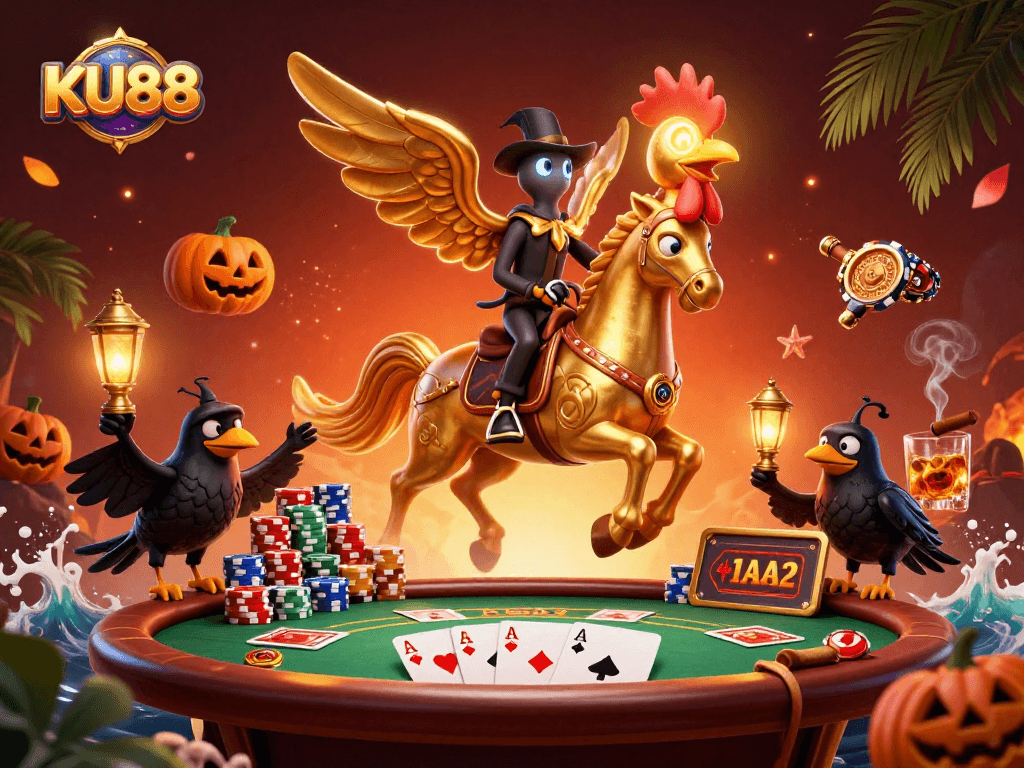 Join the golden rooster at KU88 for a thrilling midnight casino adventure filled with poker excitement.