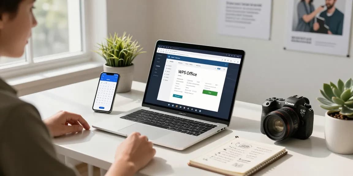 Download WPS Office shown on a sleek laptop in a modern office workspace highlighting productivity tools and a creative atmosphere.