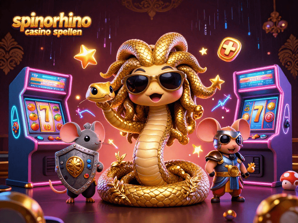 Spel met spinorhino casino spellen, Medusa en een muis naast kleurrijke gokautomaten.