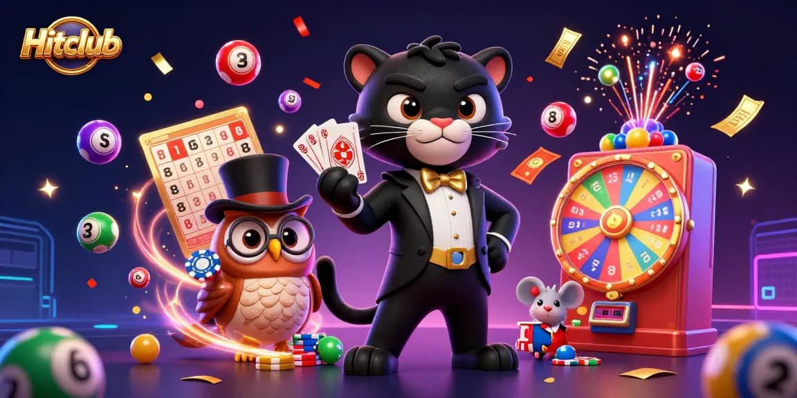 Hitclub showcases its vibrant gaming atmosphere with 3D characters enjoying games and dynamic elements.