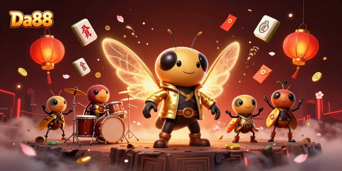 Experience thrilling gameplay at Da88 with vibrant visuals and exciting casino elements surrounding unique characters.