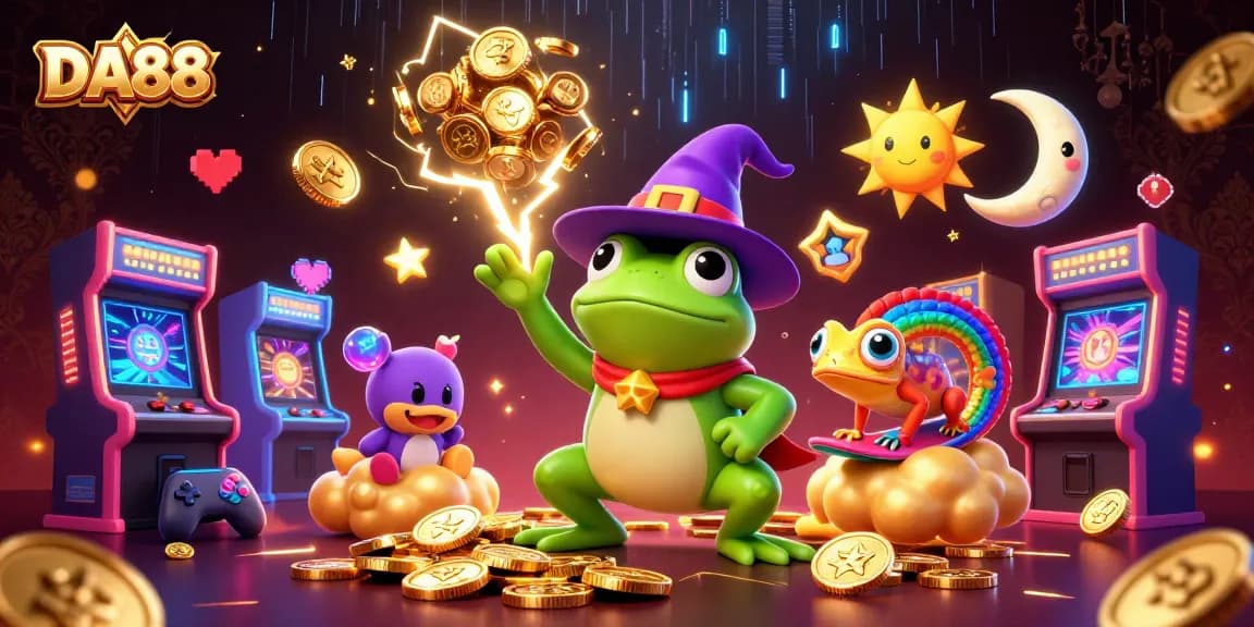 Experience excitement at DA88 with a storm of golden coins and gaming fun in this vibrant illustration.