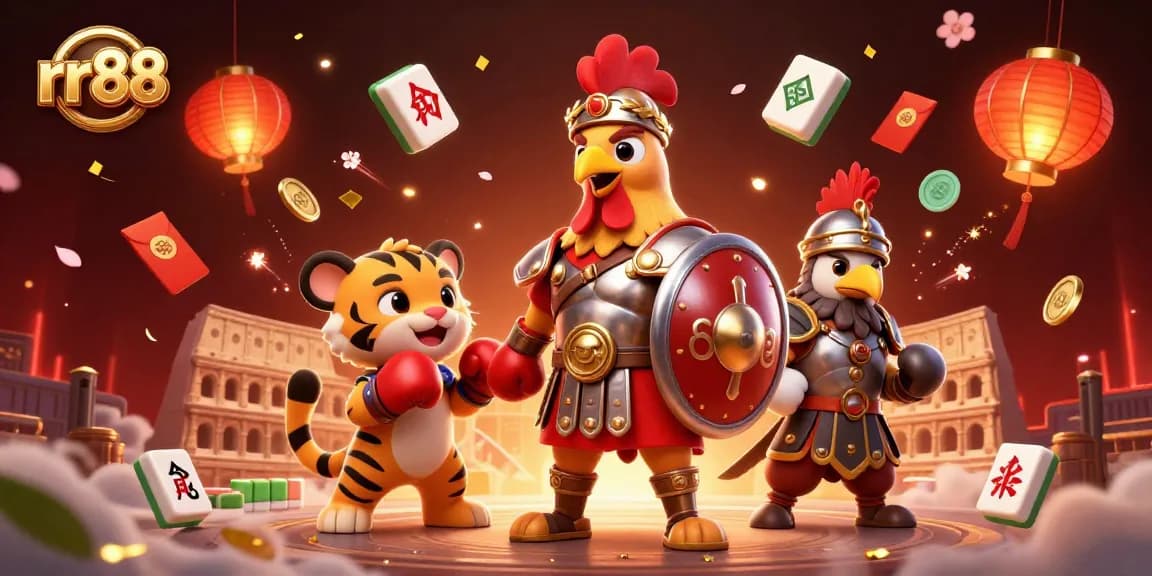 Engage with rr88's thrilling gaming experience through a vibrant 3D illustration showcasing an epic colosseum scene with playful characters and stunning visuals.