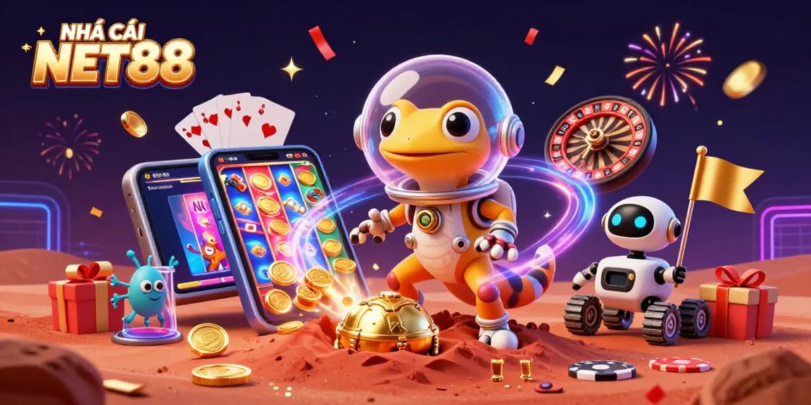 Engage in gaming thrills with NHÀ CÁI NET88 featuring a Martian gecko in a golden casino