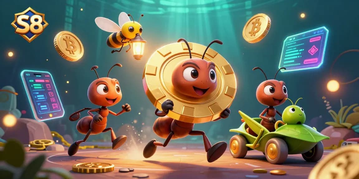 S8 casino heist scene with ants, golden poker chip, and crypto elements.