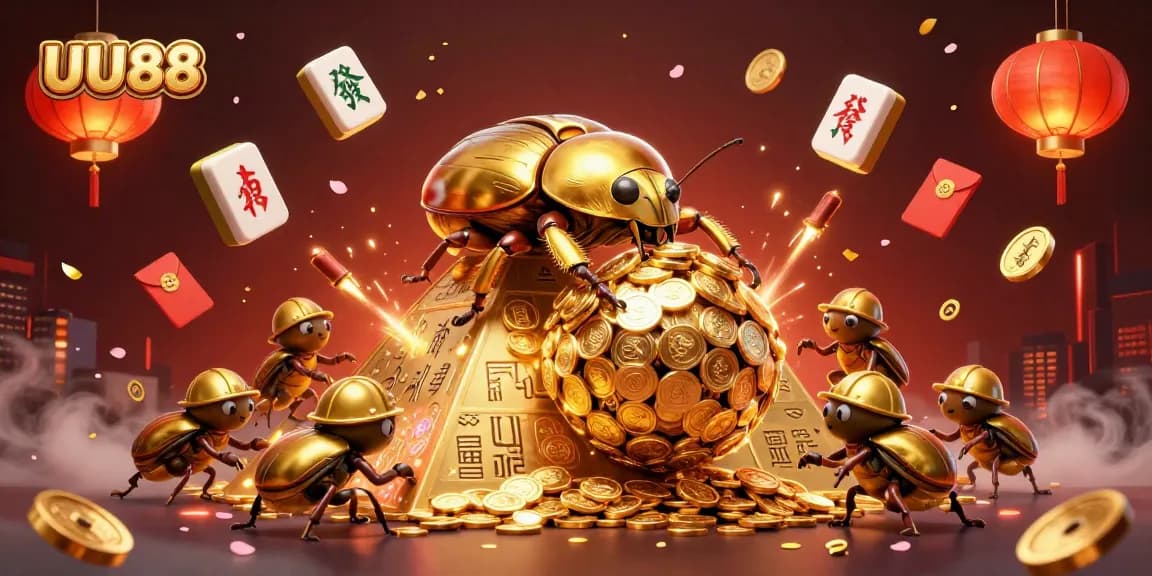 Experience thrilling gameplay at UU88 with a cartoon golden beetle rolling coins and vibrant casino elements.