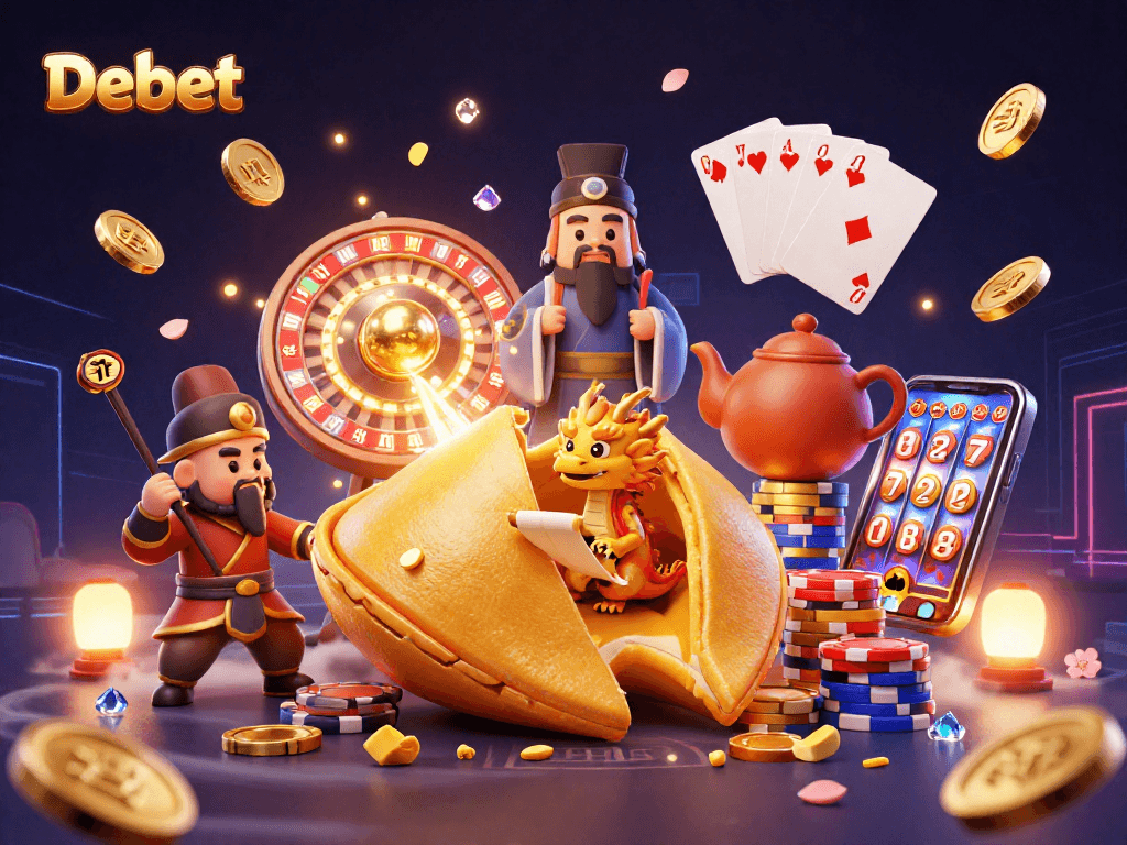 Bet big at Debet with vibrant 3D illustration featuring gaming elements and mystical characters.