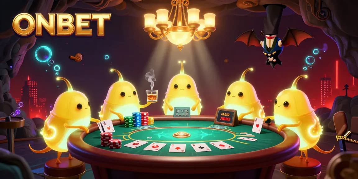 Play poker at ONBET with glowworm characters lighting up a cave casino scene.