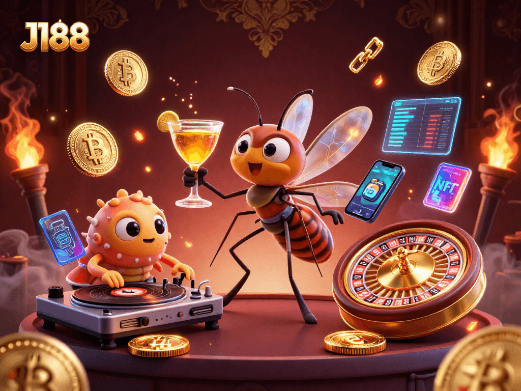 Engage with J188's casino adventures featuring a unique 3D illustration of gaming characters.