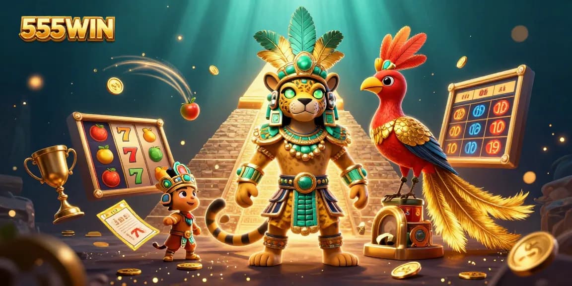 Immerse in the vibrant world of 555WIN with a Mayan theme showcasing slot machines and winning elements.