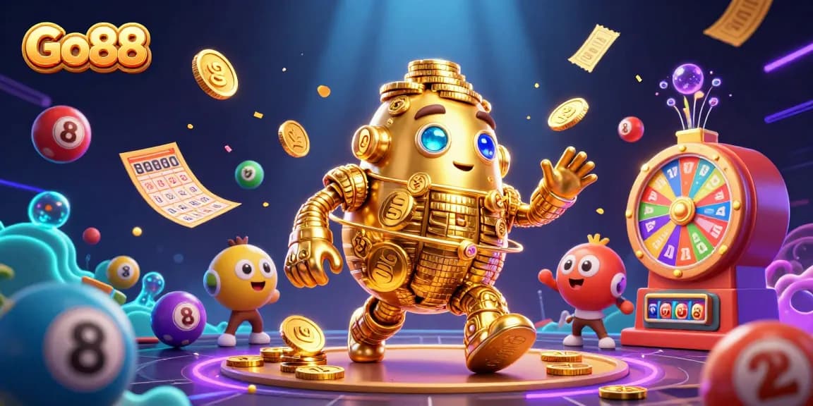 Engage in exciting gaming with Go88, featuring a golden golem and vibrant lottery elements.
