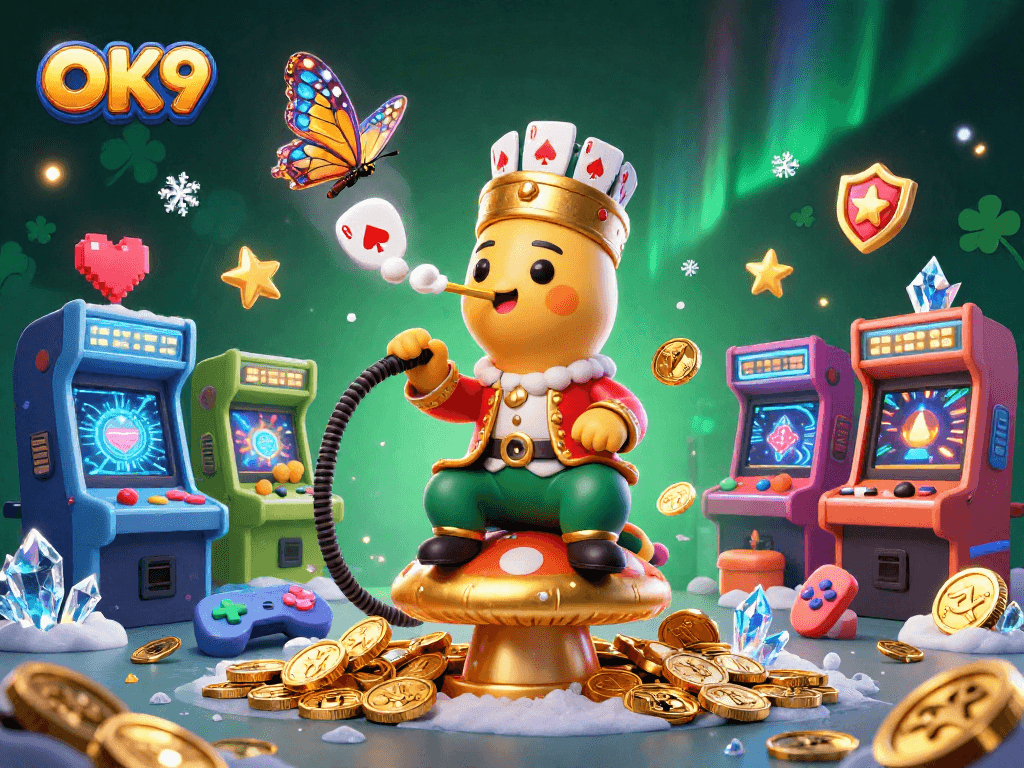 Engage in thrilling games at OK9's dynamic casino scene featuring unique characters and vibrant elements.