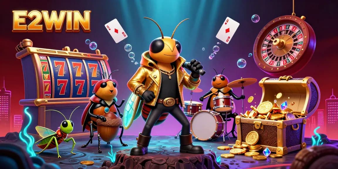 E2WIN engages players with a vibrant online casino scene featuring a rock star cicada and dynamic gaming elements.