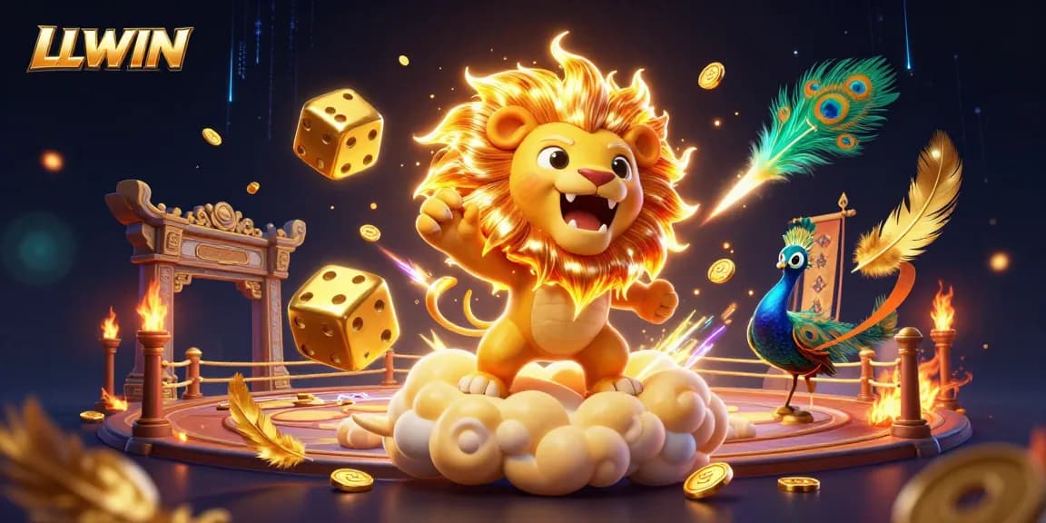 Engage with LLWIN's immersive gambling experience featuring a vibrant 3D scene filled with casino elements.