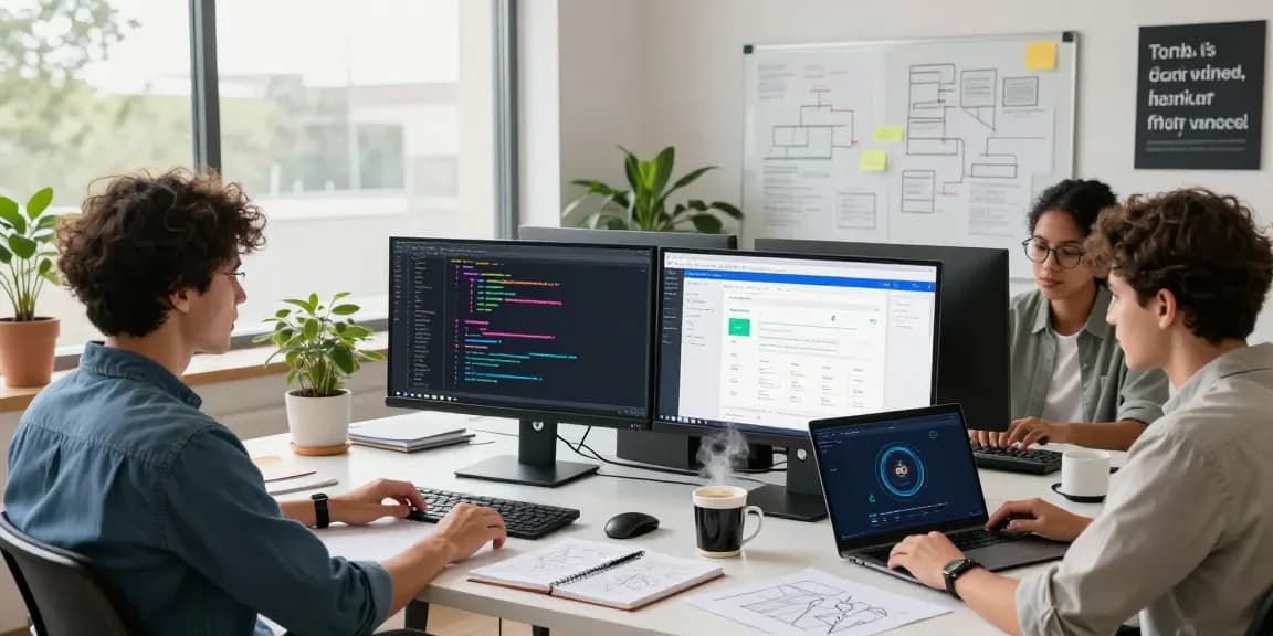 Build internal tools with AI in a modern software development workspace featuring collaborative team dynamics and innovative tech.