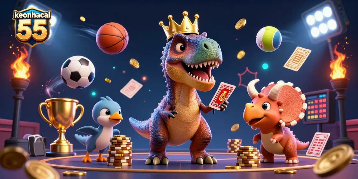 Engage in sports betting excitement with keonhacai 55, illustrated by a playful T-Rex shuffling cards.