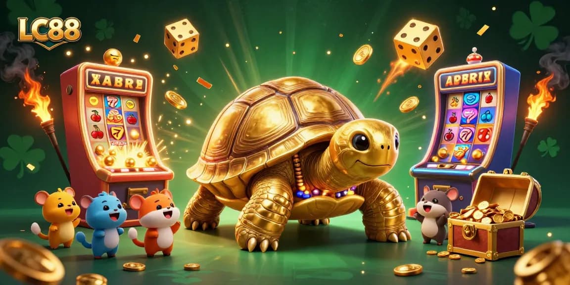 Experience thrilling gaming at LC88 with a golden tortoise pinball machine amidst a jackpot explosion of coins.