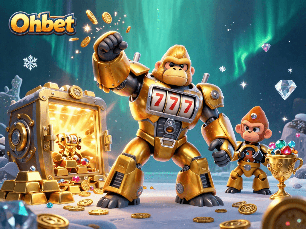 Engage with Oxbet's vibrant 3D casino adventure featuring a golden gorilla mech and treasure elements.
