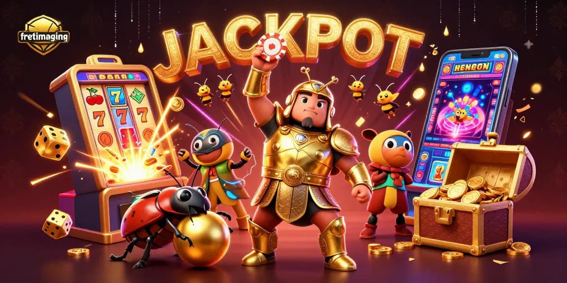 High-energy fretimaging scene with hercules beetle championing casino fun, jackpots, and vibrant game elements.