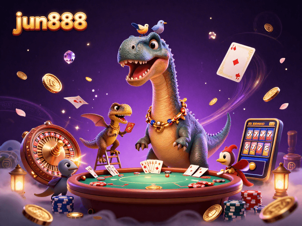 Engage with jun888 at the lively casino featuring a brontosaurus and raptor dealer amidst vibrant game elements.