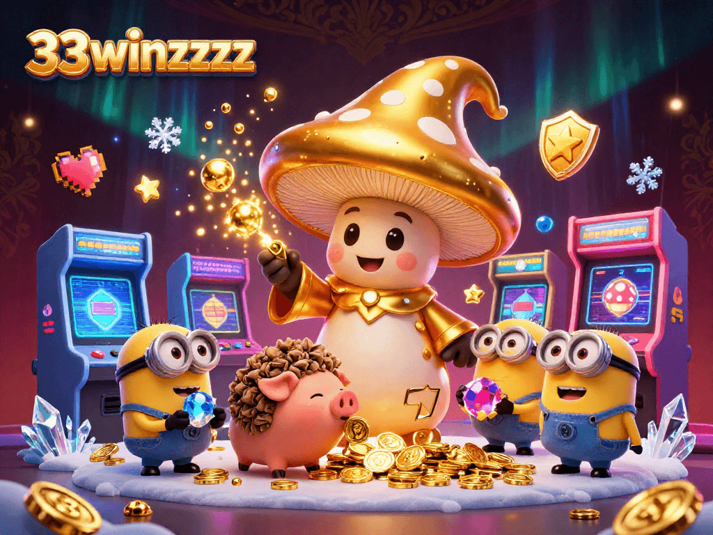 Experience magical treasure hunting with the golden mushroom wizard in 33winzzzz's vibrant casino world.